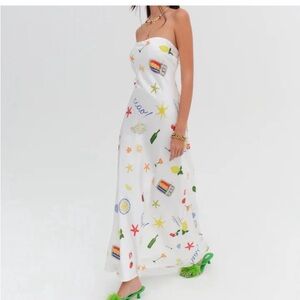 For Love & Lemons White Strapless Carla Maxi Dress with Multicolor Summer Motifs